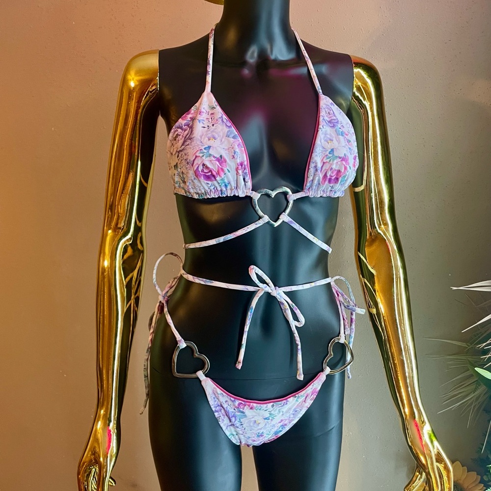 Capittana Monica Bikini Reversable Bathing Suit Dark Barbi Pink and Floral